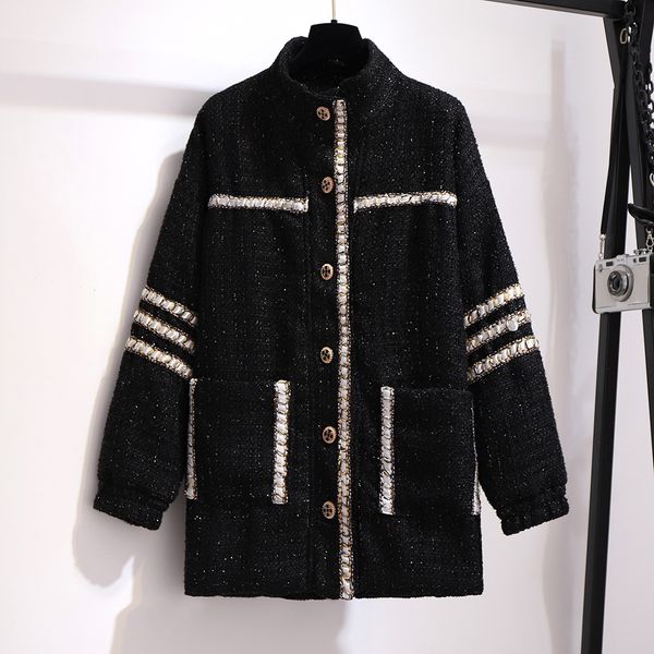 

20fw fashion women's coat autumn/winter new extra large size women's loose and thin fragrant tweed jacket coat size 2xl-6xl, Black