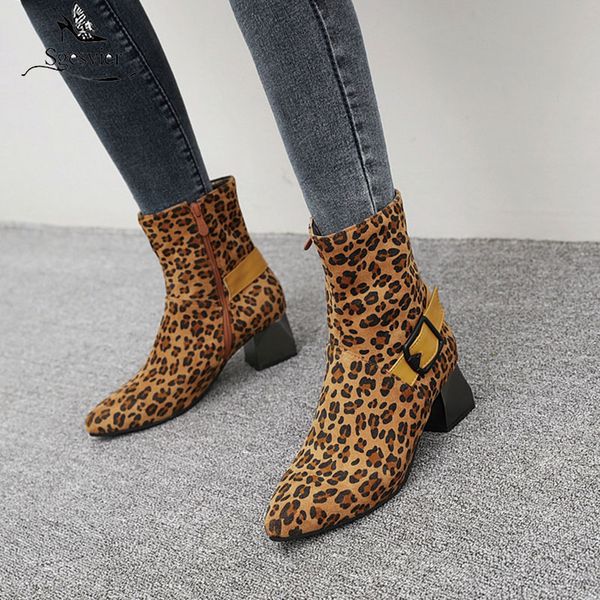 

sgesvier fashion winter boots woman med block heels buckle design stretch faux suede pointed toe leopard black ankle boots shoes