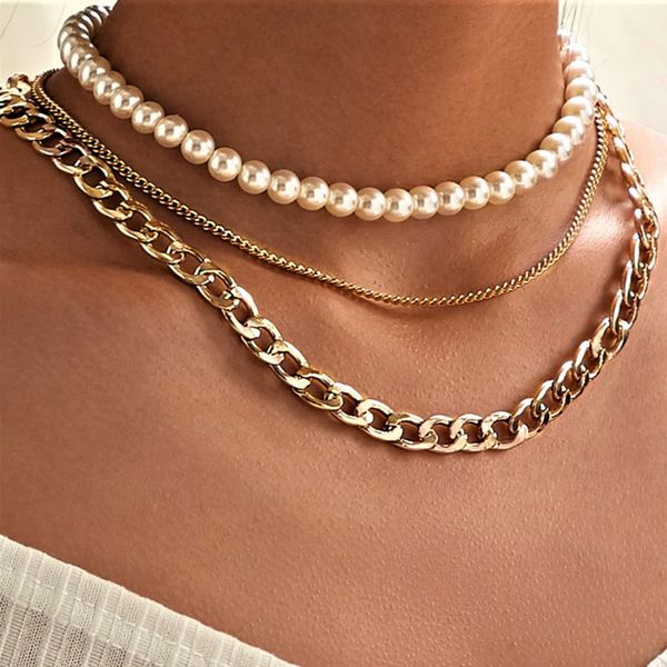 

fashion multi-layer pearl chain choker necklace for women vintage gold thick chain short necklace bohemian jewelry party gift, Silver