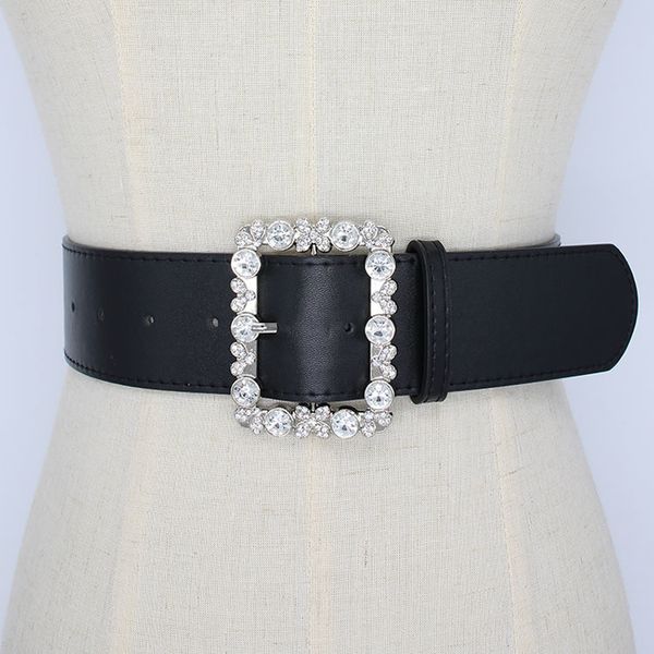 

new fashion belt spring summer pu leather girdle crystal rhinestone irregular big buckle decoration belts women wide strap dress y200730, Black;brown