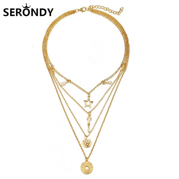 

chokers alloy star cross wafer multilayer boho pendant choker necklace for women neck 2021 trend chains jewelry aesthetic xl10384, Golden;silver