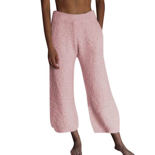 

women plush straight pants high waist solid color casual trousers famale elastic waist casual home pants, Black;white