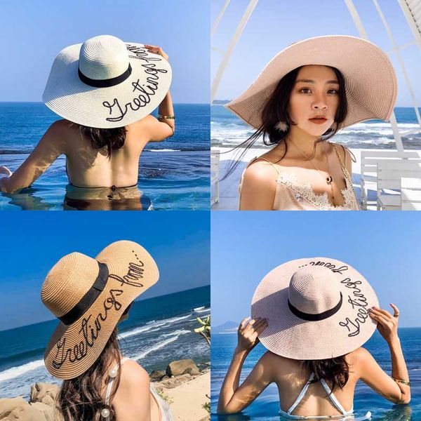 

wide brim hats lady hat casual big sea beach sunscreen cap foldable straw flat along sun, Blue;gray