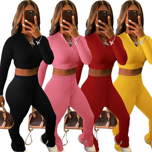 

plus size 2xl fall winter women long sleeve crop stack pants two piece set solid color outfits sweatshirt stack leggings tracksuits 3832, Black;gray