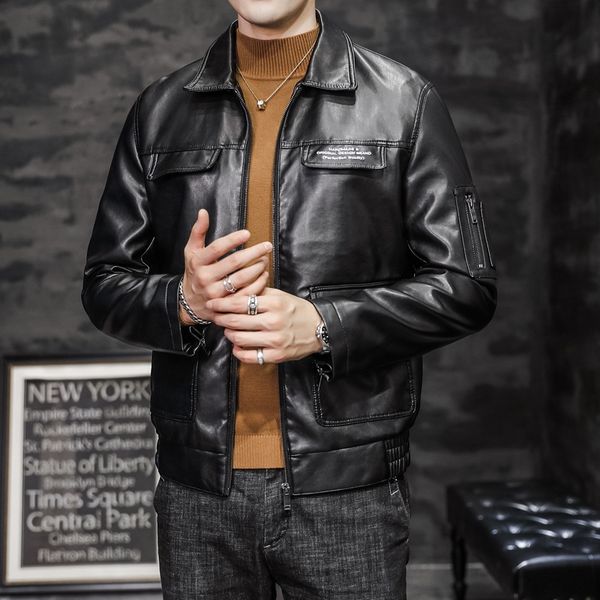 

autumn and winter new motorcycle walletjacket walletcoat men's coat korean style slim leather jacket casual leather lapel motorcycle cl, Blue