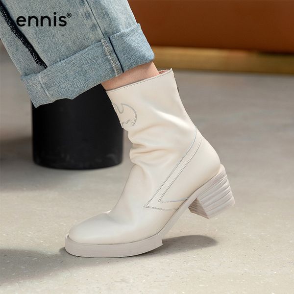 

ennis 2020 women's autumn boots genuine leather square heel chunky boots black zipper platform winter beige shoes a0247