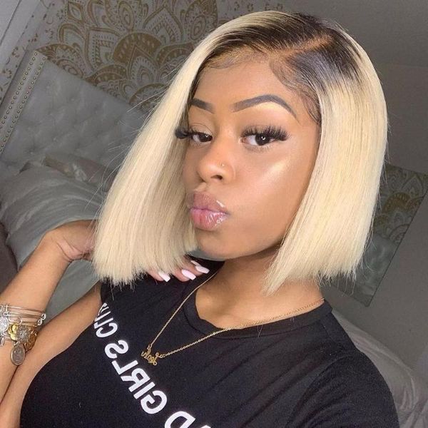 

lace wigs celie 1b 613 front wig straight human hair 150% density short bob 13x6 brazilian, Black;brown