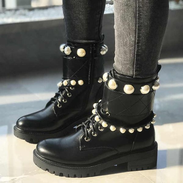 

sarairis 2020 new arrivals square heel pearl fashion boots women shoes platform zip up string bead year-round boots female, Black