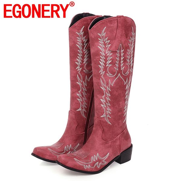 

egonery fashion knee-high boots autumn winter black red brown women's shoes 33-45 plus size party 5cm mid heels western boots