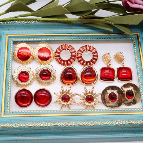 

stud red earrings sweet geometric-resin alloy fashion- accessories for women girls, Golden;silver