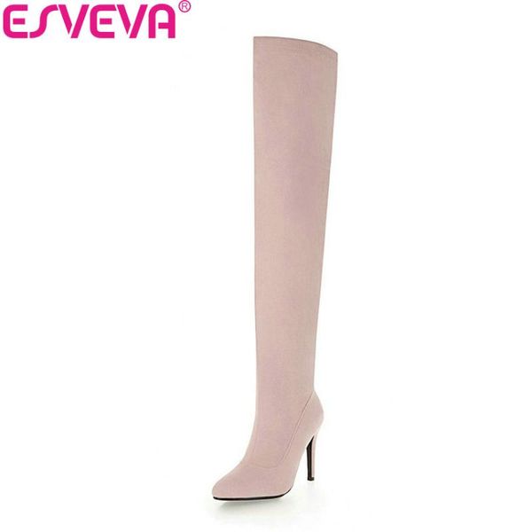 

boots esveva 2021 women short plush pointed toe thin high heels shoes woman over the knee zipper winter size 34-43, Black