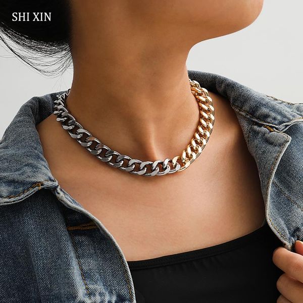 

chokers shixin hip hop thick short choker necklace for women/men egirl collar cuban link chain chunky 2021 neck jewelry collier, Golden;silver