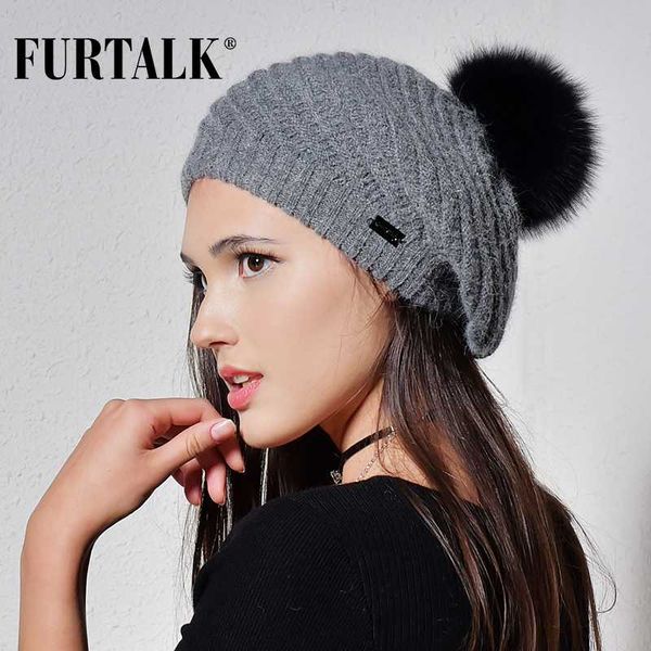 

berets furtalk angola fur beret hats for women warm winter pom hat knit beanie girls, Blue;gray