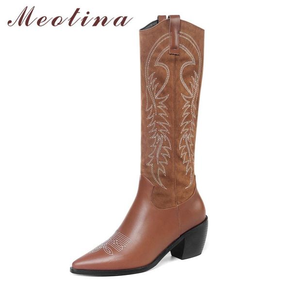 

meotina winter knee high boots women mixed colors thick high heel western boots embroider pointed toe shoes lady fall size 34-46, Black