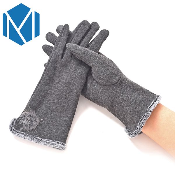 

female winter plush thicken gloves elegant women' warm wrist velvet glove full finger pompon screen sense mittens guantes, Blue;gray