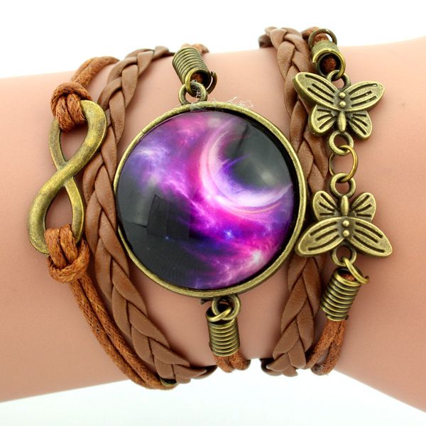 

charm bracelets handmade natural nebula galaxy space glass cabochon braided leather punk jewelry gift men women, Golden;silver