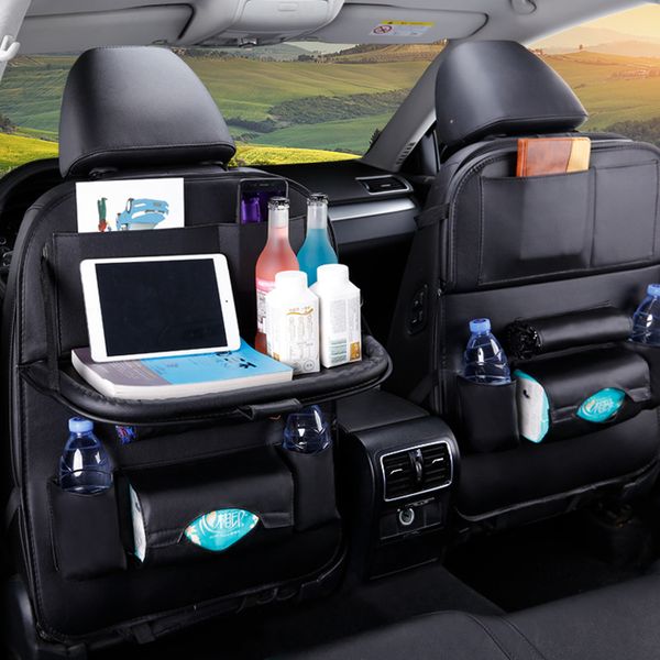 

car seat back organizer pu leather pad bag car storage organizer foldable table tray travel storage bag auto accessories