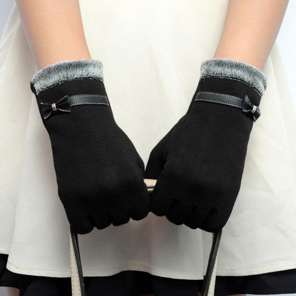 

five fingers gloves elegant women bow tie screen winter warm soft velvet touch mittens cashmere full finger guantes mujer, Blue;gray