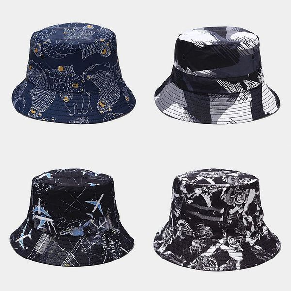 

2020 hat men women new personality animal print fisherman bucket hat outdoor sunscreen sunshade double-sided basin caps, Blue;gray