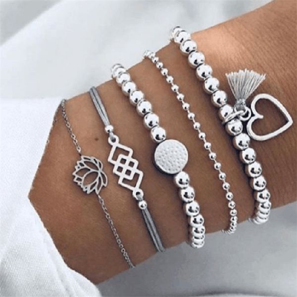 

cmoonry 5pcs/set vintage silver color bohemia jewelry fashion lotus heart beads charm bracelets for women girl birthday gift, Golden;silver