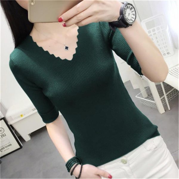 

2018 black white autumn winter sweater women solid knitted sweater pullovers half sleeve cut v-neck basic office zy4317, White;black