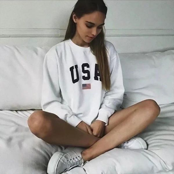 

women usa letter printed sweatshirt long sleeve o neck jumper pullover autumn winter femme loose white coat, Black
