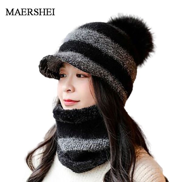 

hats, scarves & gloves sets winter warm women beanies scarf set fur fashion hat girl woolen pompom knitted skullies, Blue;gray
