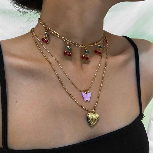 

pendant necklaces sweet cherry acrylic pink butterfly necklace for women long chain heart gift 2021 trendy gold, Silver