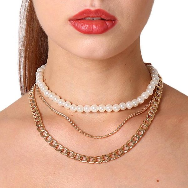 

pendant necklaces gothic baroque pearl necklace for women gold color punk layered cuban chain choker vintage collar jewelry charm, Silver