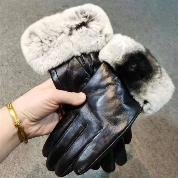 

five fingers gloves chinchilla color real rex fur women thick warm genuine sheepskin luvas de inverno, Blue;gray