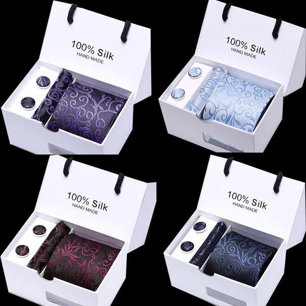 

new tie set necktie polyester handmade classic formal dress necktie handkerchief cuffink set gift box packing wedding party, Black;gray