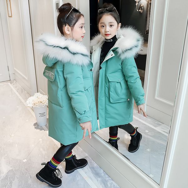

2019 new style girls jacket warm coat thick parkas children's winter clothing kids big fur hood outerwear for 4-14years c0924, Blue;gray