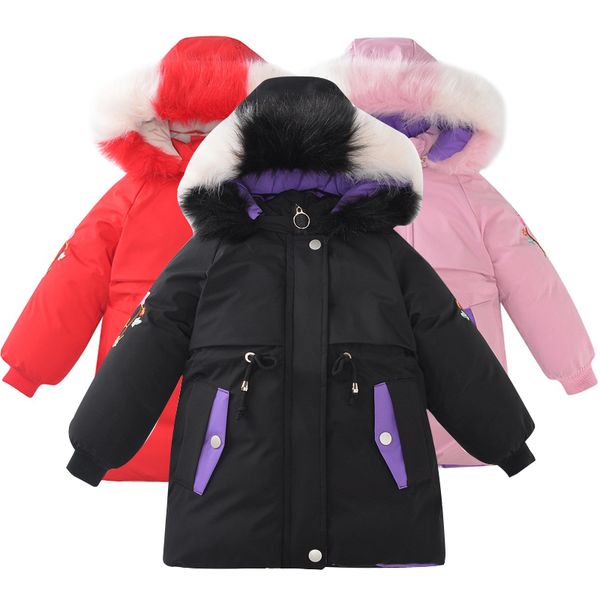 

baby girl winter jacket cotton-padded jacket children mid-length down thick fur collar hooded warm girl, Blue;gray