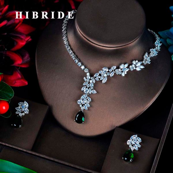 

hibride fashion green cz jewelry sets for women flower design necklace earrings bijoux set party wedding gift wholesale n-595, Silver