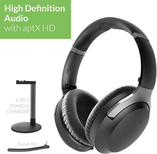 

avantree aria podio aptx-hd bluetooth 5.0 active noise cancelling headphones, wireless over ear headset with boom microphone