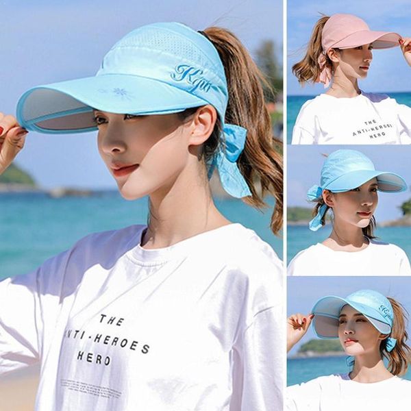 

wide brim hats womens sun protection empty sunhat cap visor anti-ultraviolet sports uv hat with retractable beach x7k6, Blue;gray