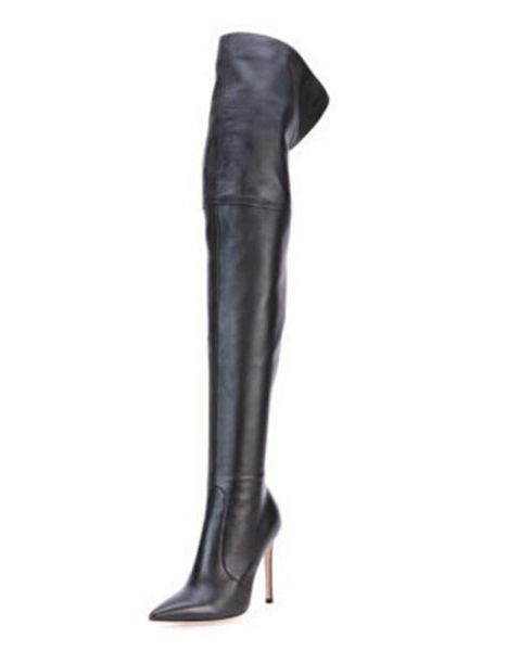 

black leather over the knee boots pointed toe thin heels winter tall boots wide calf tight high big size