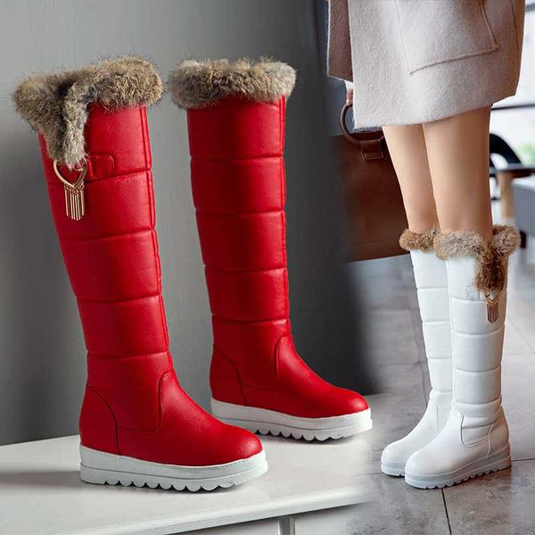 

женщины колено высокие сапоги снег мода женская обувь зима теплая клинья каблук круглый toe сапоги большого размера 34-43, Black