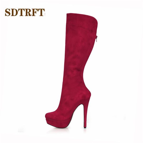 

boots sdtrft spring/autumn brand botas mujer 14cm thin heels knee-high snow platforms red shoes woman suede wedding pumps, Black