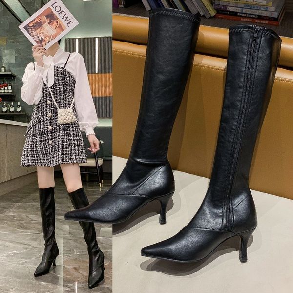 

stiletto high heel boots autumn side zipper easy to put on and take off high boots pointed toe fashion women, Black