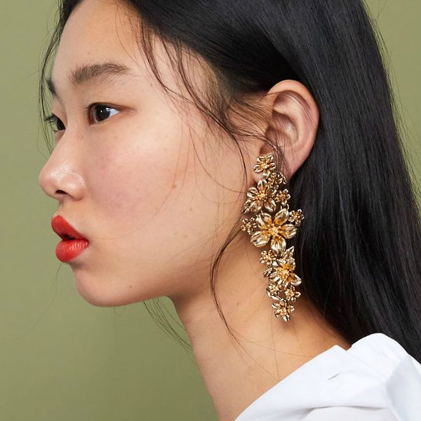 

luxury gold metal flower dangle earrings for women wedding trendy long pendientes earrings large drop statement jewelry, Silver