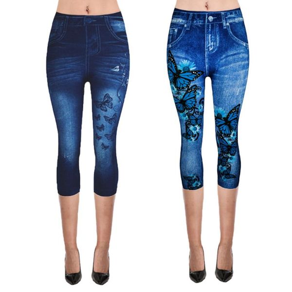 

womens plus size fake jeans capri pants retro wash color butterfly denim print leggings high waist cropped elastic tights xs-3xl, White