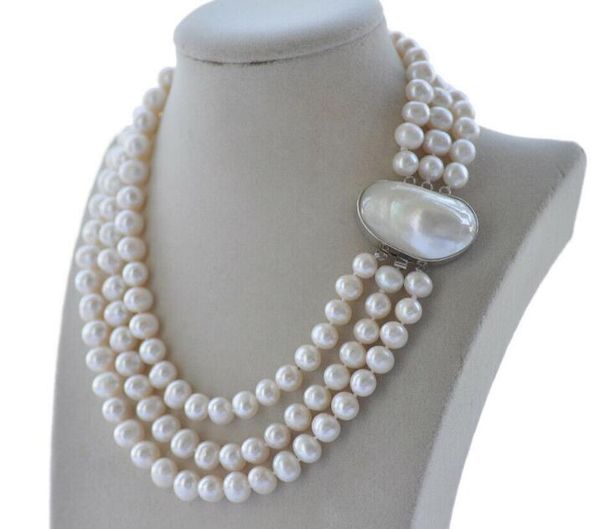 

beautiful 3row 10mm white round freshwater pearl necklace mabe clasp, Silver