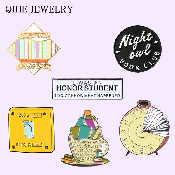 

my student life soft enamel pin books library round power switch alarm clock brooches gift for friends bookworm student badges, Gray