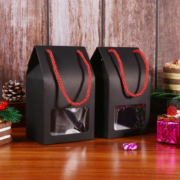 

gift wrap 10pcs kraft paper box with rope and window portable folding snack package for wedding birthday (black)