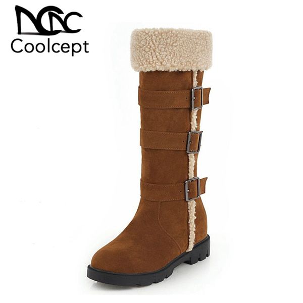 

coolcept new woman mid calf boots winter warm with fur flats shoes round toe buckle snow boots women footwear size 33-44, Black