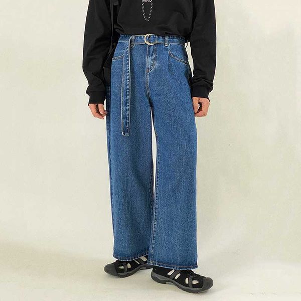 

men's jeans ewq / wear straight pants casual trend high waist dad wide leg korean style loose vintage trouers with belt 9y3880, Blue