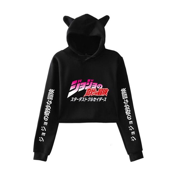 

jojo bizarre adventure crop hoodie for women girls cat ear cropped sweatshirt joestar kujo jotaro hooded pullover hoodies xxs, Black