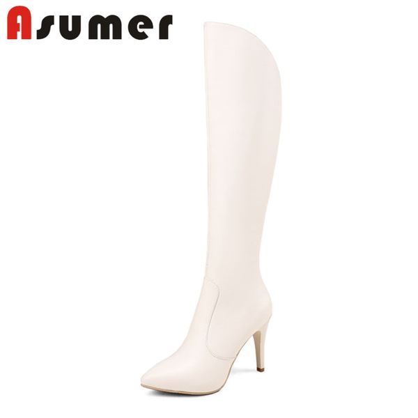 

asumer 2020 new solid winter boots lady genuine leather boots pointed toe simple classic over the knee, Black