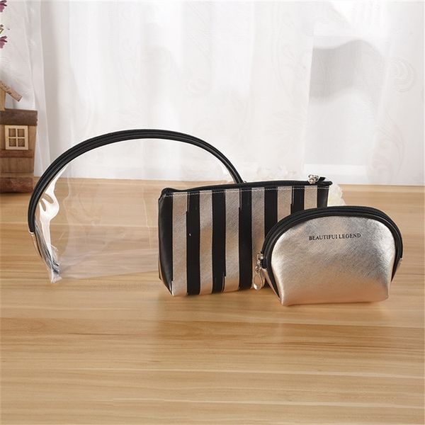 

3 pcs/set new arrive striped cosmetic bag women necessaire make up bag travel waterproof portable makeup toiletry kits pvc